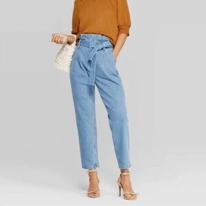 Light Wash High Rise Jeans Paper Bag Denim Pants with Tie, Paper-Bag Jeans, 6